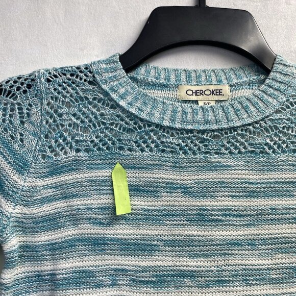 Cherokee Round Neck Long Sleeve Knit Sweater Girls S/P(6/6X) White/Green Stripes - Picture 3 of 16